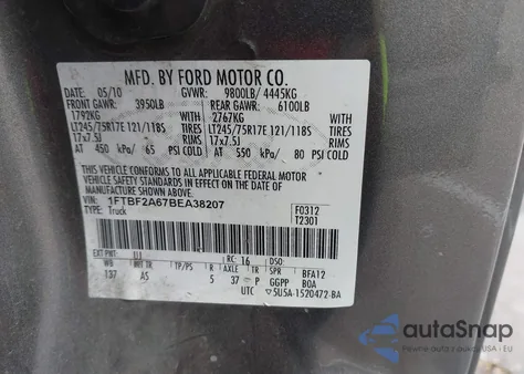 2011 Ford F-250 Xl from USA, damaged, VIN 1FTBF2A67BEA38207